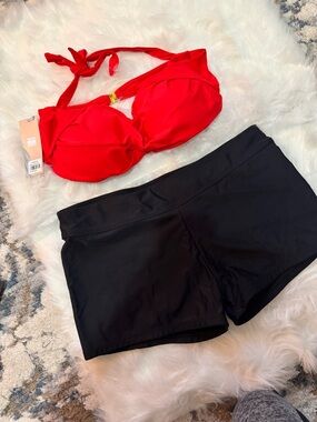 Women's Red Halter Bikini Top with Black Swim Shorts